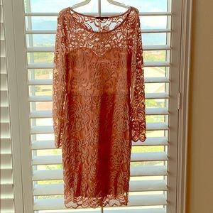 Coral, lace overlay midi dress.